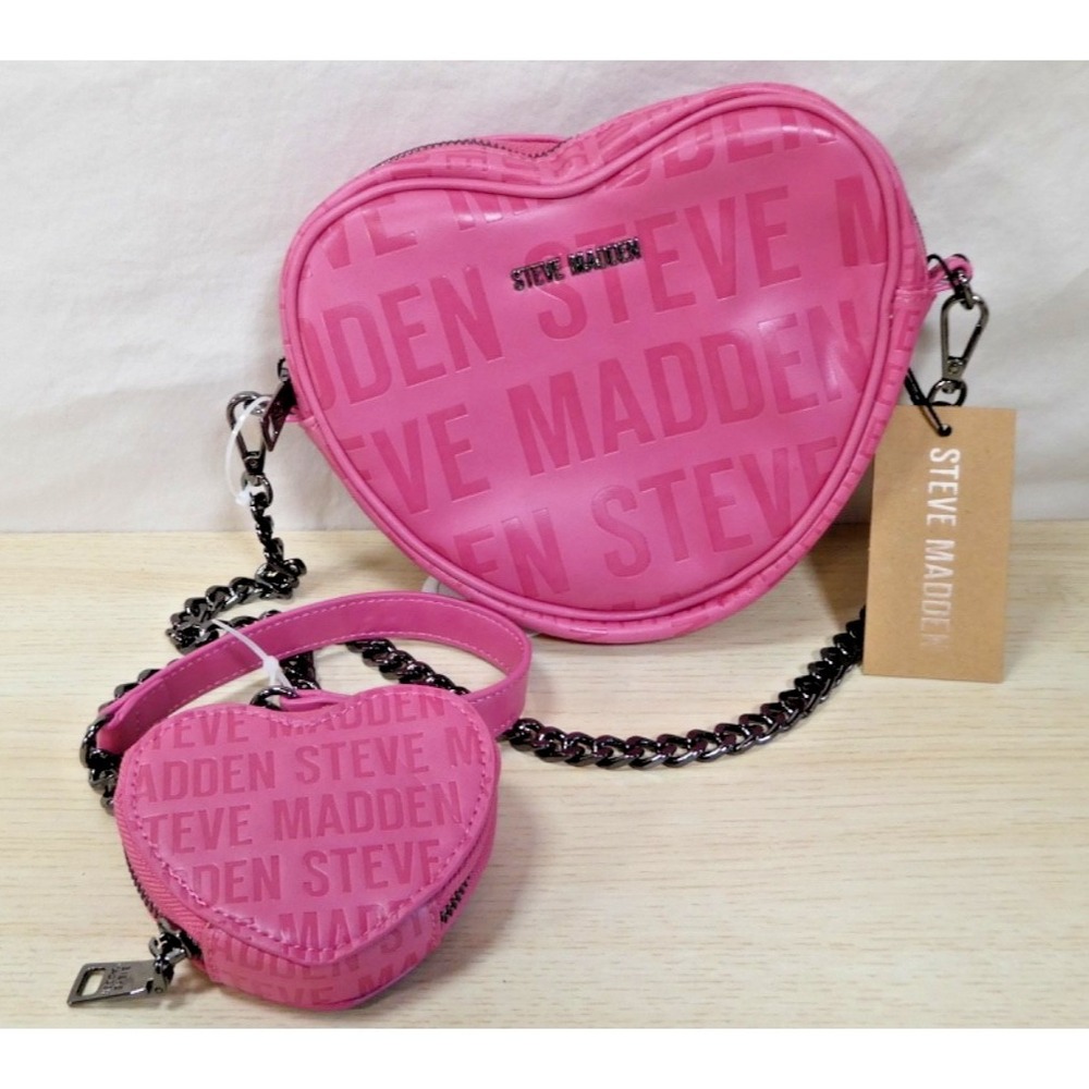 Steve Madden Pink Heart Shaped Crossbody Bag w/ Coin Purse, Zip Closure